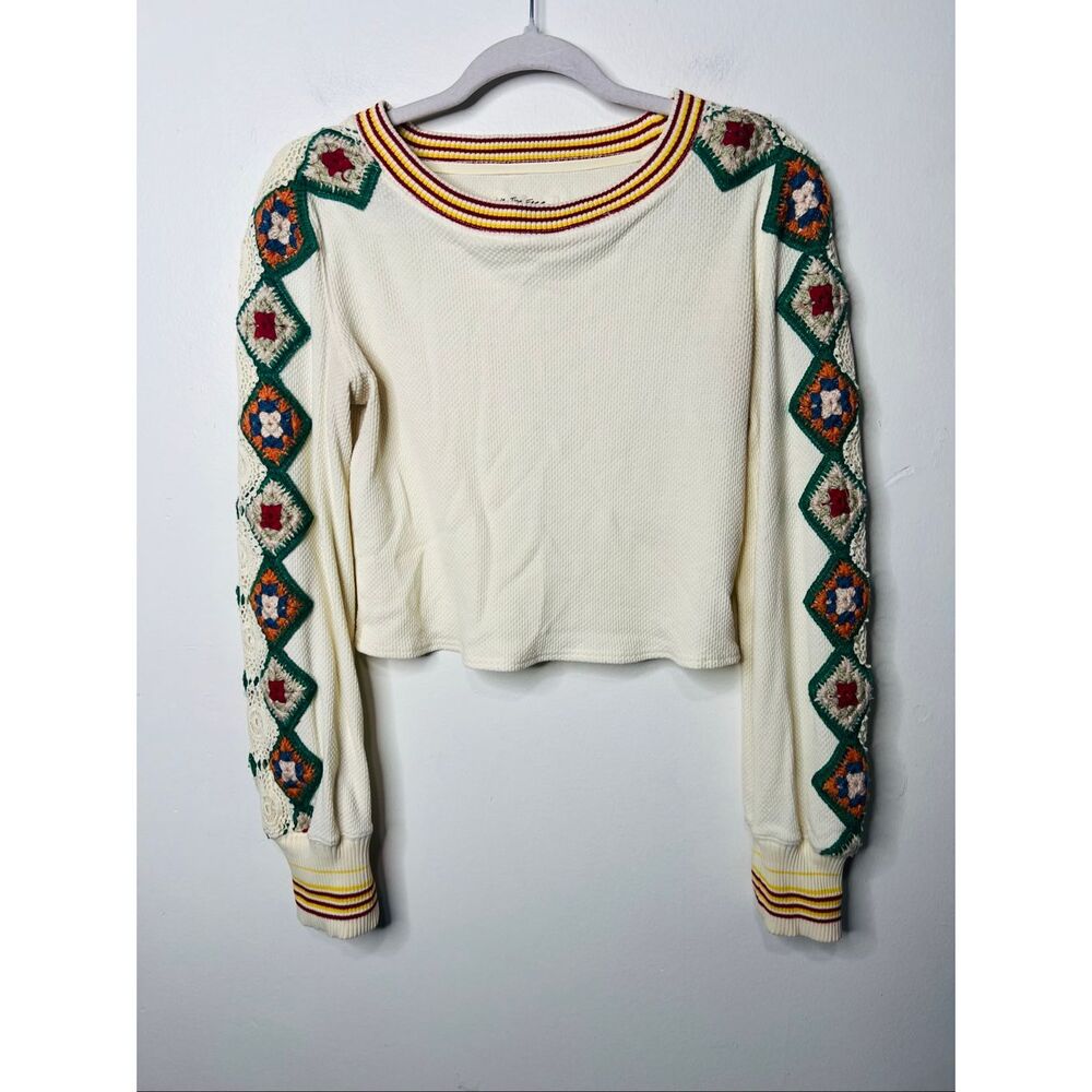 Free People We the Free Waffle Thermal Sweatshirt Granny Square Embroidery Sleev